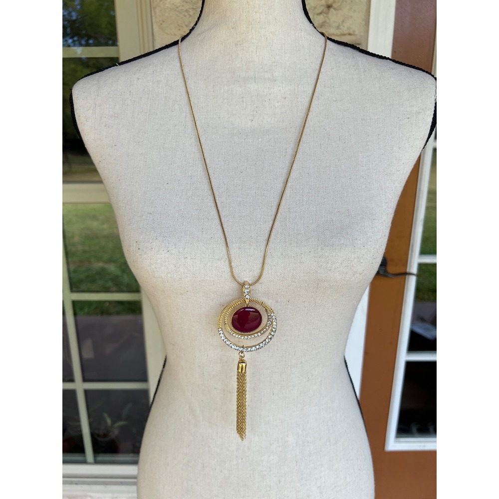 Gold Tone Ruby Red Cabochon Crystal Circle Tassel Long Snake Chain Necklace